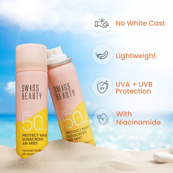 Swiss Beauty Protect Maxx Sunscreen Air Mist, SPF 50 PA+++ | Ultra-Light & Non-Greasy | UVA & UVB Protection | Hydrating & Refreshing | Quick Absorption