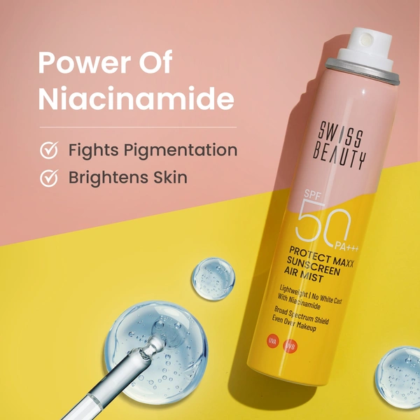 Swiss Beauty Protect Maxx Sunscreen Air Mist, SPF 50 PA+++ | Ultra-Light & Non-Greasy | UVA & UVB Protection | Hydrating & Refreshing | Quick Absorption