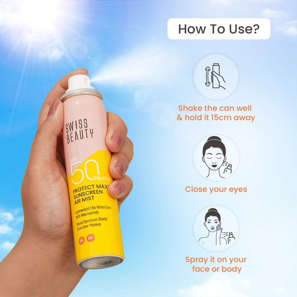 Swiss Beauty Protect Maxx Sunscreen Air Mist, SPF 50 PA+++ | Ultra-Light & Non-Greasy | UVA & UVB Protection | Hydrating & Refreshing | Quick Absorption