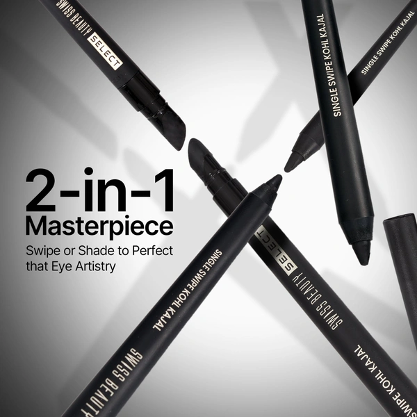 Swiss Beauty Select Single Swipe Kohl Kajal 1.2gm | Intense Black | 16Hr Long Stay | Waterproof & Smudge Proof | Creamy Smooth Kajal with Smudger
