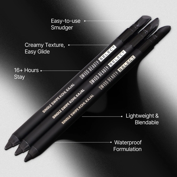 Swiss Beauty Select Single Swipe Kohl Kajal 1.2gm | Intense Black | 16Hr Long Stay | Waterproof & Smudge Proof | Creamy Smooth Kajal with Smudger