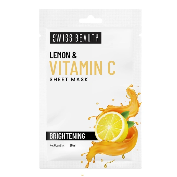 Swiss Beauty Skin Brightening Sheet Mask 20ml | With Lemon & Vitamin C | Brightens dull skin | Lightens Dark spots | Refreshing & Hydration Skin | Serum - infused Sheet mask | Even Skin Tone & Boost Glow | 20ml