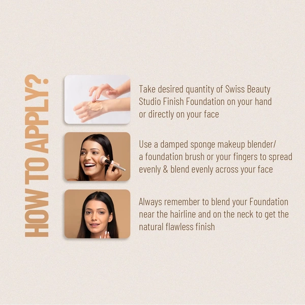 Swiss Beauty Water Proof Studio Finish Full Coverage Foundation Sand Beige 30ml | Full coverage, Long-lasting & Lightweight Foundation for Professional look Makeup