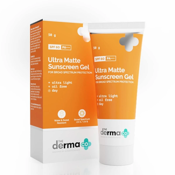 Derma Co The Derma Co Ultra Matte Sunscreen Gel with SPF 60, PA+++ | Maximum Sun Protection | Non-Greasy Protection | Oil-Control Sunscreen Gel | High Protection & Shine-Free Finish | Lightweight SPF 60 for All-Day Protection | 50g
