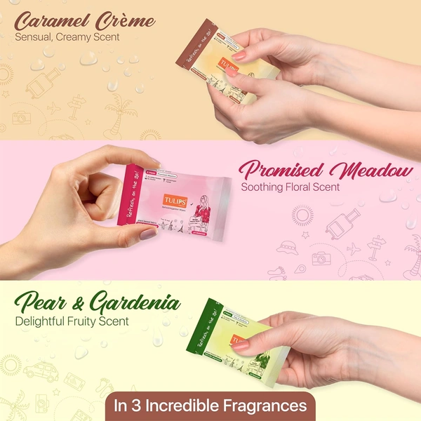 Tulips Biodegradable Refreshing Pocket Wipes (8 wipes)| Compact & Gentle Care for On-the-Go | Delightful Scents (Caramel Creme, Pear & Gardenia, Promised Meadow)