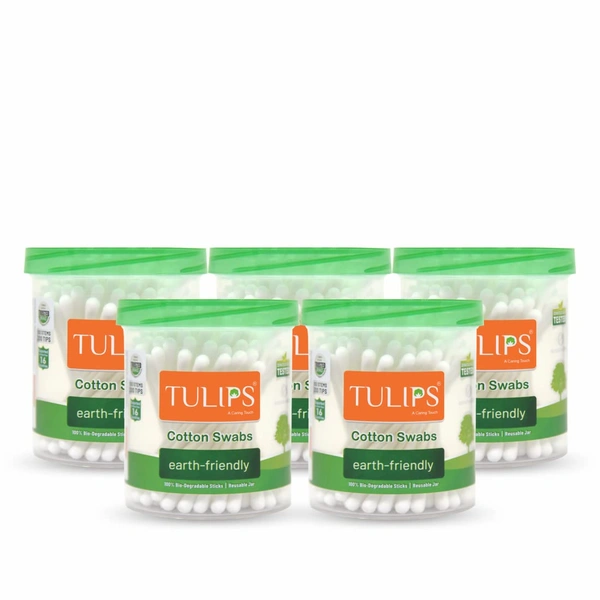 Tulips Cotton Ear Buds 100 Sticks (200 Tips) Pack of 5 | Soft, Safe & Hygienic | 100% Pure Cotton | Ideal for Daily Care & Grooming | With White Paper Sticks|Eco-Friendly | Convenient Jar Packaging