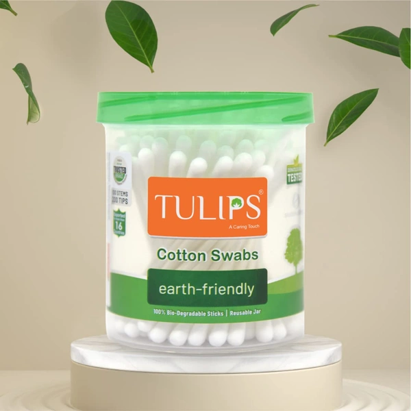 Tulips Cotton Ear Buds 100 Sticks (200 Tips) | Soft, Safe & Hygienic | 100% Pure Cotton | Ideal for Daily Care & Grooming | With White Paper Sticks|Eco-Friendly | Convenient Jar Packaging