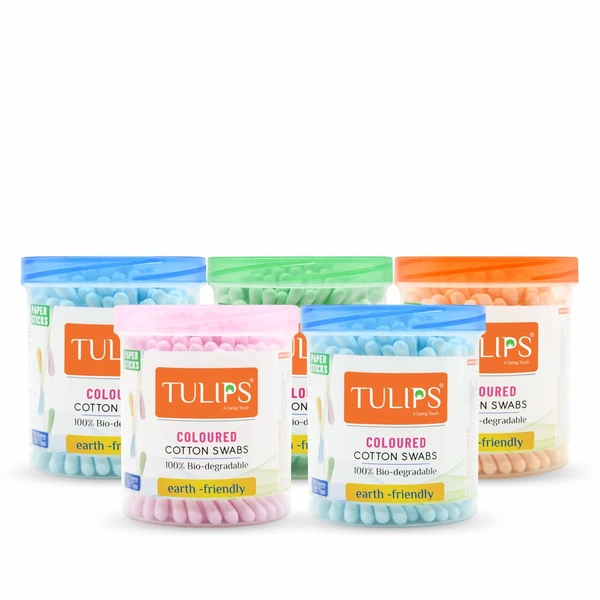 Tulips Cotton Ear Buds Multicolor 100 Sticks 200 Tips Pack Of 5 | Soft, Safe & Hygienic | 100% Pure Cotton | Ideal for Daily Use & Personal Care| Wwith White Paper | Eco-Friendly & Convenient