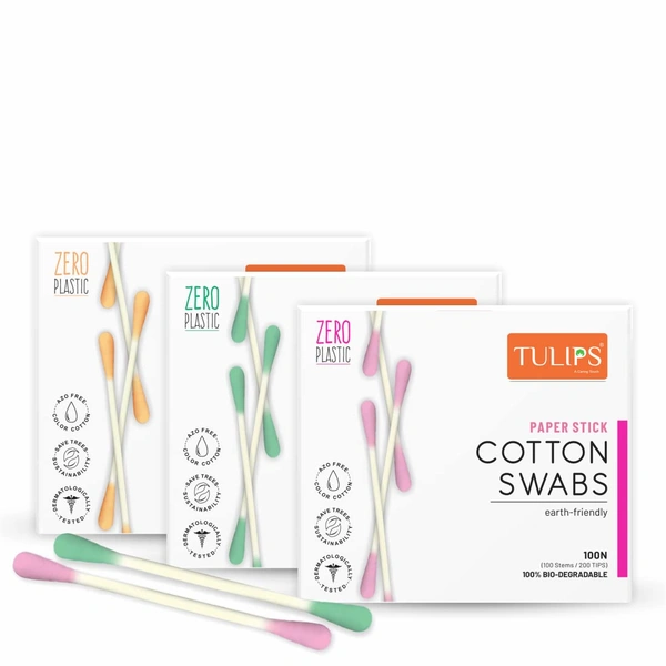 Tulips Cotton Ear Buds Multicolor 100 Sticks (200 Tips) Pack of 4 | Soft, Safe & Hygienic | 100% Pure Cotton | Ideal for Daily Care & Grooming | With White Paper | Eco-Friendly & Convenient