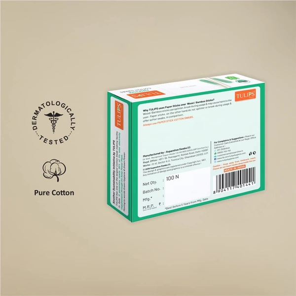 Tulips Cotton Ear Buds Multicolor 100 Sticks (200 Tips) | Soft, Safe & Hygienic | 100% Pure Cotton | Ideal for Daily Care & Grooming | With White Paper | Eco-Friendly & Convenient