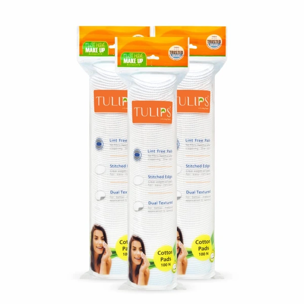 Tulips Facial Cotton Pads 100pc Pack Of 3 | in Ziplock Bag | 100% Pure Soft Cotton | Perfect for Makeup Application & Removal | Safe for Sensitive Skin