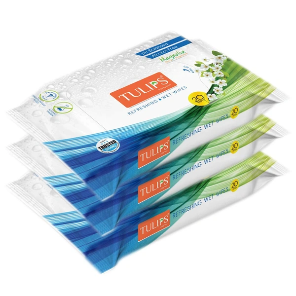 Tulips Magnolia Refreshing Wet Wipes, 20 Wipes per Pack, Set of 3 | Soft, Gentle & Refreshing for Skin | Ideal for On-the-Go Cleansing & Freshness