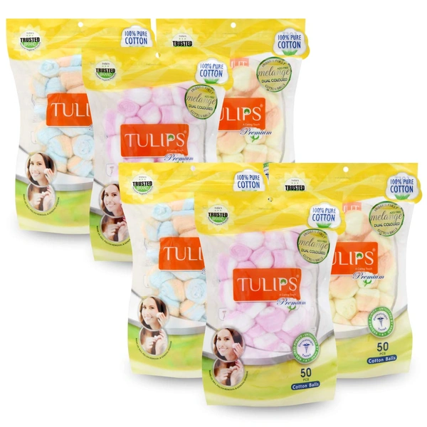 Tulips Premium Color Cotton Balls Set of 6 Packs | Soft & Gentle | Multi-Purpose Cotton Balls for Skincare, Makeup Removal and Daily Use