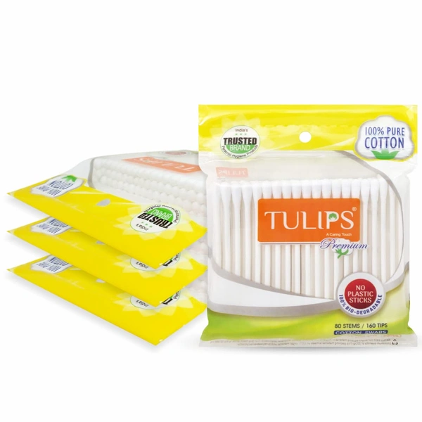 Tulips Premium Cotton Ear Buds 80 Stems / 160 Tips, 4 set| Soft, Hypoallergenic & Gentle for Everyday Use | Ideal for Cleaning & Personal Care