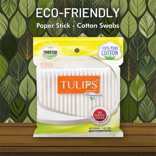 Tulips Premium Cotton Ear Buds 80 Sticks (160 Tips) | Soft, Hygienic & Gentle | 100% Pure Cotton | Ideal for Personal Care & Makeup With White Paper Sticks | Eco-Friendly & Gentle