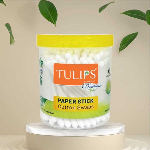 Tulips Premium Cotton Paper Swabs 100 Stems (200 Tips ) x 4 Set | 100% Pure & Soft Cotton | Biodegradable & Multi Purpose | Gentle & Eco-Friendly