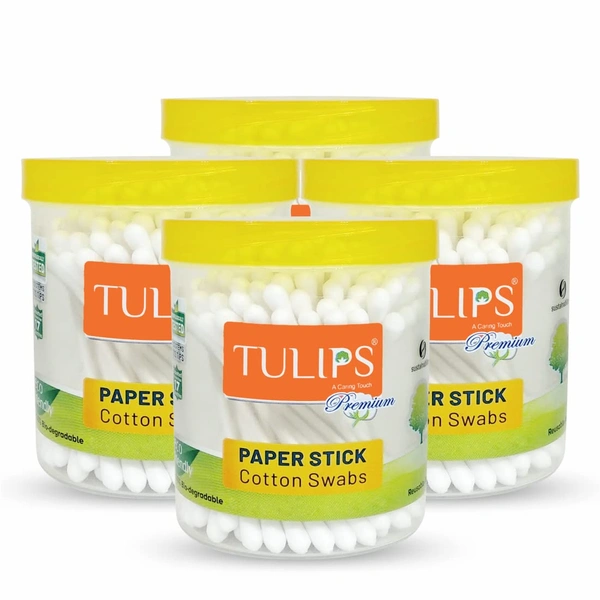 Tulips Premium Cotton Paper Swabs 100 Stick 200 Tips x 4 Set | 100% Pure & Soft Cotton | Biodegradable & Multi Purpose | Gentle & Eco-Friendly