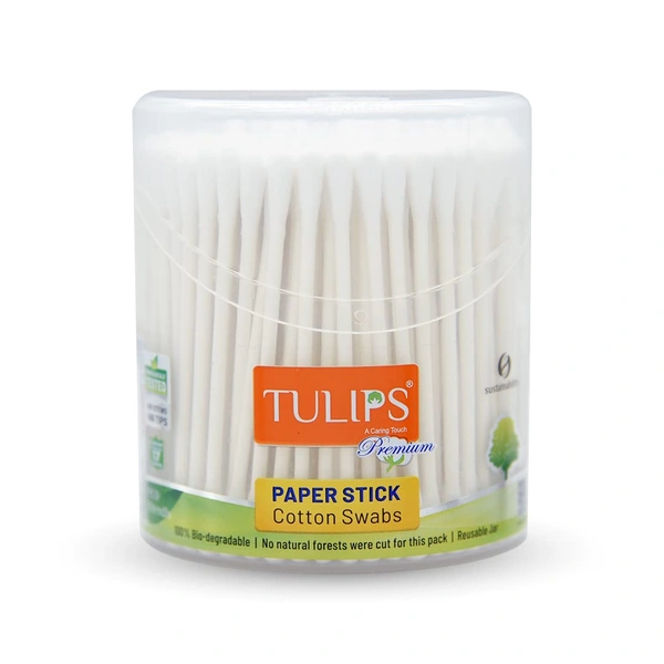 Tulips Premium Cotton Paper Swabs Flip Jar - 200 Stick 400 Tips | 100% Pure Cotton | Biodegradable & Eco-Friendly Swabs for Multi-Purpose Use