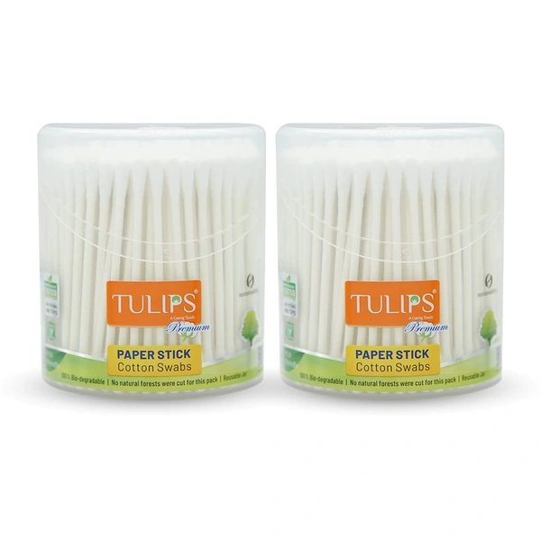 Tulips Premium Cotton Paper Swabs Flip Jar 200 Stems (400 Tips) x (Set of 2) | 100% Pure Cotton | Biodegradable & Eco-Friendly Swabs for Multi-Purpose Use