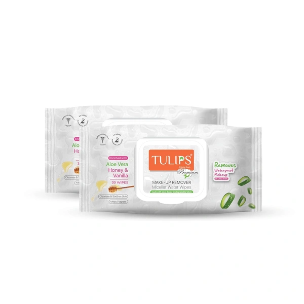 Tulips Premium Micellar Water Makeup Remover Wipes | (30 Wipes Each) | Aloe Vera, Honey & Vanilla | Plant-Based Fabric | Alcohol & Paraben Free