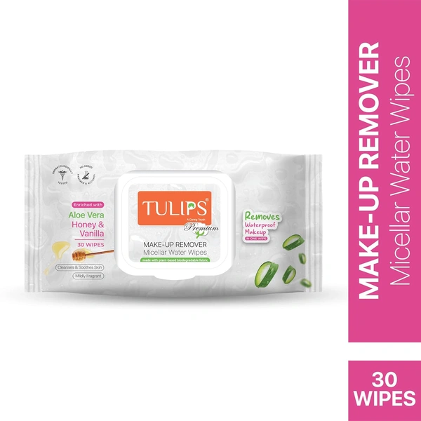Tulips Premium Micellar Water Makeup Remover Wipes | (30 Wipes Each) | Aloe Vera, Honey & Vanilla | Plant-Based Fabric | Alcohol & Paraben Free