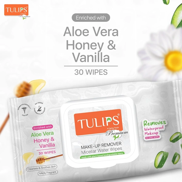 Tulips Premium Micellar Water Makeup Remover Wipes | (30 Wipes Each) | Aloe Vera, Honey & Vanilla | Plant-Based Fabric | Alcohol & Paraben Free