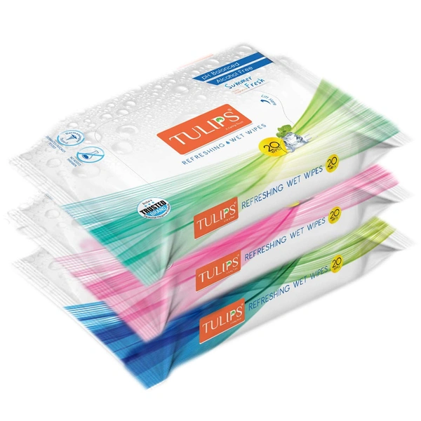 Tulips Refreshing Wet Wipes, Assorted Fragrances - Japanese Cherry, Magnolia & Summer Fresh (60 Wipes) | Gentle & Soft for Face | Hands & Body | Perfect for Travel & Daily Use