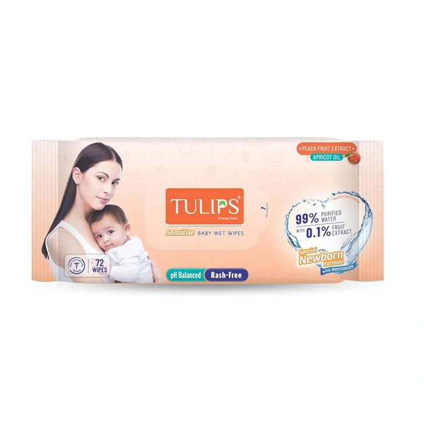 Tulips Sensitive Baby Wipes LID (72 Wipes) | 99% Purified Water | Prevents Rashes & Redness | Enriched with Fruit Extract & Apricot Oil