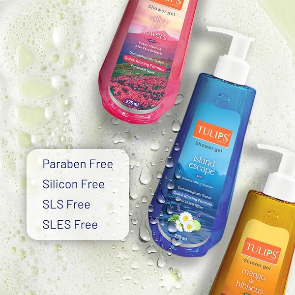 Tulips Shower Gel Mango & Hibiscus 275ml, Quick Rinsing Formula| Rich Lather & Amazing Fragrance For All Skin Types | Paraben SLS & SLES Free | Dermatologically Tested