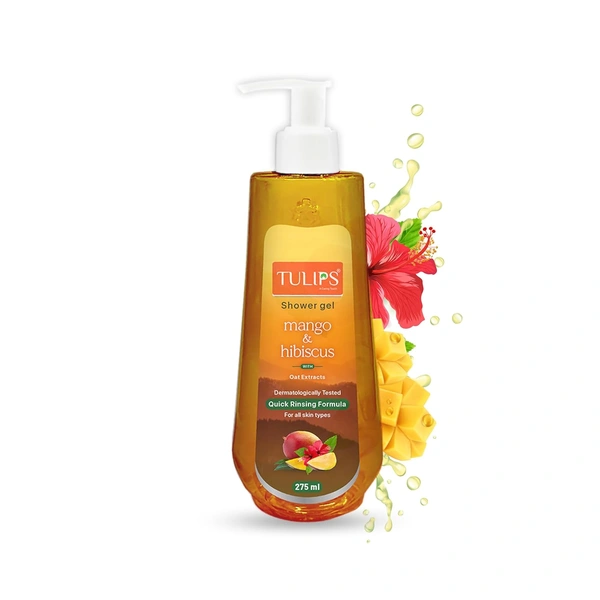 Tulips Shower Gel Mango & Hibiscus 275ml, Quick Rinsing Formula| Rich Lather & Amazing Fragrance For All Skin Types | Paraben SLS & SLES Free | Dermatologically Tested