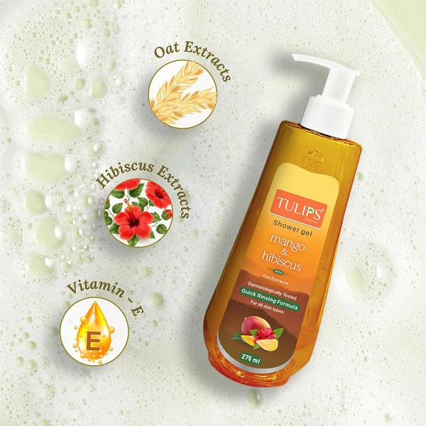 Tulips Shower Gel Mango & Hibiscus 275ml, Quick Rinsing Formula| Rich Lather & Amazing Fragrance For All Skin Types | Paraben SLS & SLES Free | Dermatologically Tested