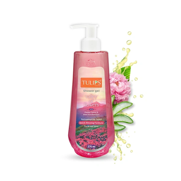 Tulips Shower Gel Valley of Flowers 275ml |Peony & Aloe Vera Extracts | Quick Rinsing Formula | Rich Lather, Paraben & Silicone-Free | Dermatologically Tested