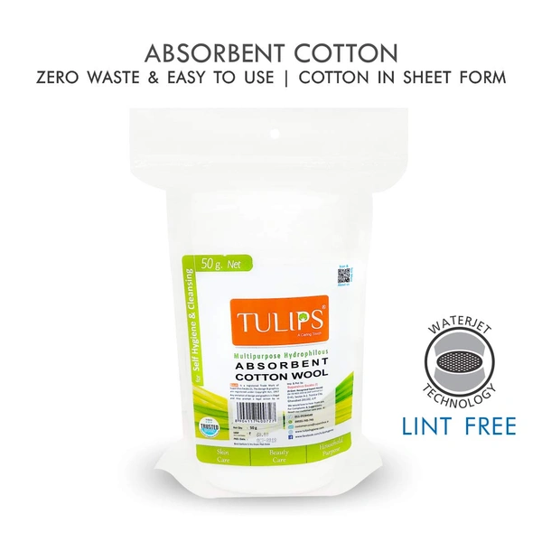 Tulips Soft Absorbent Cotton wool 50g, 3pack| Gentle & 100% Natural Cotton Wool | Makeup Removal | Beauty, Baby & Adult Care | Multi-Purpose Use | Hygienic & Disposable