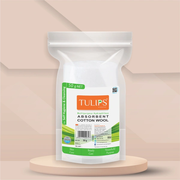 Tulips Soft Absorbent Cotton wool 50g| Gentle & 100% Natural Cotton Wool | Makeup Removal | Beauty, Baby & Adult Care | Multi-Purpose Use | Hygienic & Disposable