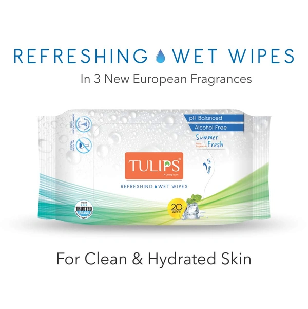 Tulips Summer Fresh Refreshing Wet Wipes, 20 Wipes per Pack, Set of 3 | Soft, Gentle & Refreshing for Skin | Ideal for On-the-Go Cleansing & Freshness