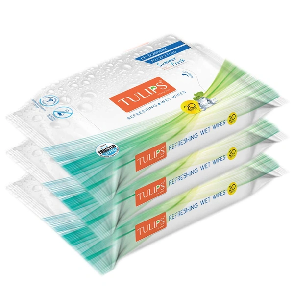 Tulips Summer Fresh Refreshing Wet Wipes, 20 Wipes per Pack, Set of 3 | Soft, Gentle & Refreshing for Skin | Ideal for On-the-Go Cleansing & Freshness