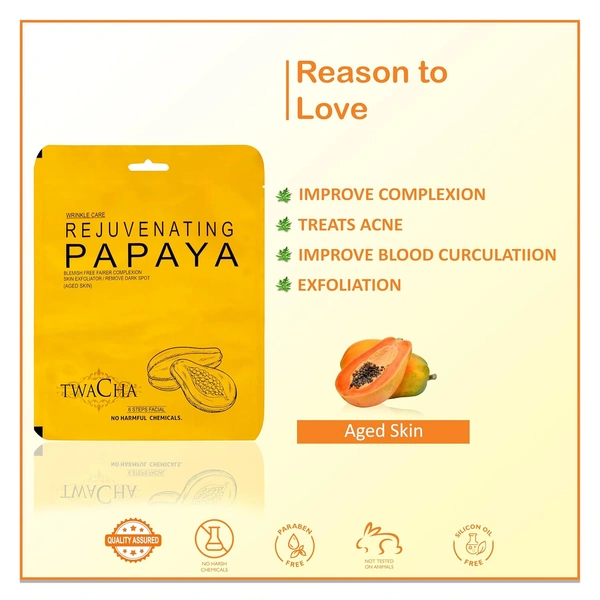 Twacha 6 Steps Rejuvenating Papaya Facial Kit | Papaya Enzymes + Alpha-Arbutin for Dark Spot Reduction & Radiant Glow | All Skin Types | Home Spa Facial