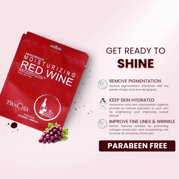 Twacha Moisturizing Red Wine Facial Kit | Red Grape Extracts for Instant Glow, Dark-Spot Removal & Wrinkle Reduction | All Skin Types | Unisex 6-Step Home Facial