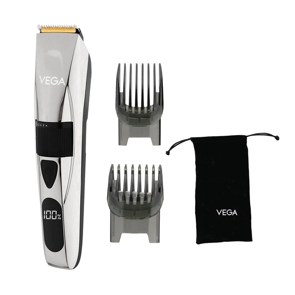 Vega Battery Powered Trimmer for Men (P3- Silver)| 160 Min Runtime | Titanium Blades | 40 Length Settings | Digital Display | 2 Comb Attachments | Corded & Cordless Use