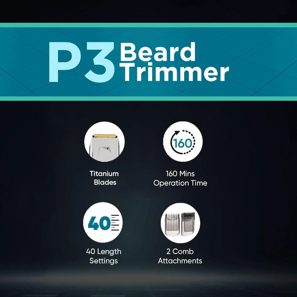 Vega Battery Powered Trimmer for Men (P3- Silver)| 160 Min Runtime | Titanium Blades | 40 Length Settings | Digital Display | 2 Comb Attachments | Corded & Cordless Use