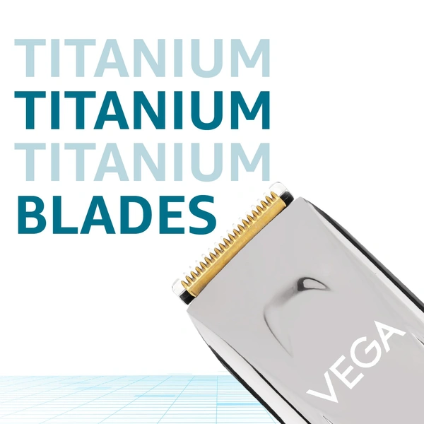 Vega Battery Powered Trimmer for Men (P3- Silver)| 160 Min Runtime | Titanium Blades | 40 Length Settings | Digital Display | 2 Comb Attachments | Corded & Cordless Use