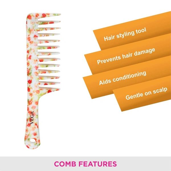 Vega VEGA Bloomy Shampoo Hair Comb DC-1268H | Smooth & Flexible Wide Teeth for Wet Hair | Tangle-Free Styling & Even Distribution of Conditioners or Masks