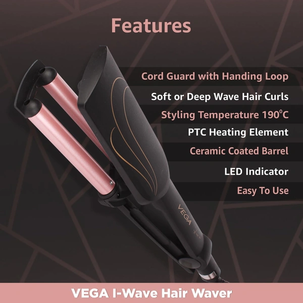 Vega I-Wave Hair Waver (VHWR-01) Rose Gold & Black | Triple Barrel Design | Quick Heat-Up | Ceramic Coating for Even Heat
