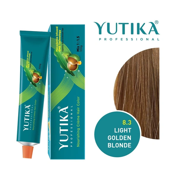 Yuthika Professional Creme Hair Color Tube 100gm with 8.3 Light Golden Blonde Shade | Permanent Fashion Shade | Smooth Shine Finish | Grey Coverage | Salon Quality Result at Home