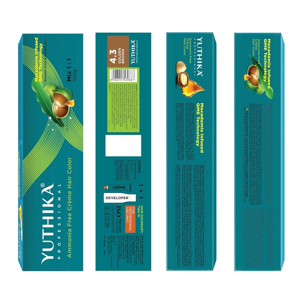 Yuthika Professional Creme Hair Color Tube 100gm with 4.3 Golden Brown Shade | Permanent Fashion Shade | Smooth Shine Finish | Grey Coverage | Salon Quality Result at Home