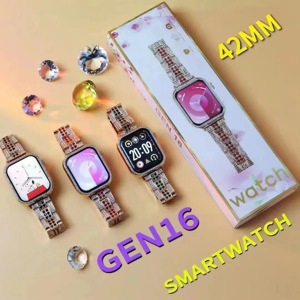 Gen 16 Smartwatch Square BT Calling Special for Ladies with Diamond Attached Clear View Screen and Wireless Charger