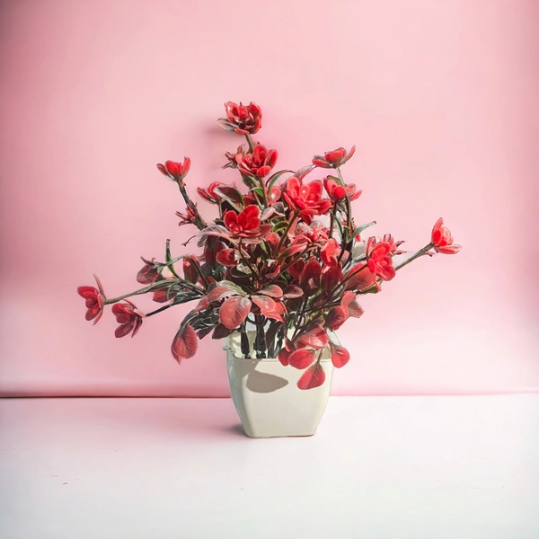 Red Artificial Flower Artificial Bonsai Mini Table Top Plant WithPot for Home & Office Dcor