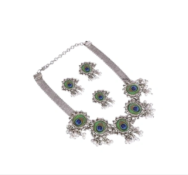 Oxidised Silver Mayur Pearl Jewellery Set (Pack Of 1)