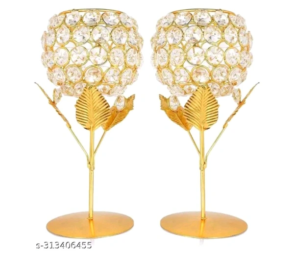 ARSHIL CAPTAIN™ Crystal Diamond Stone Metal Candle Holder Pack Of 2 Gold plated Diwali Deepawali Decorative Item