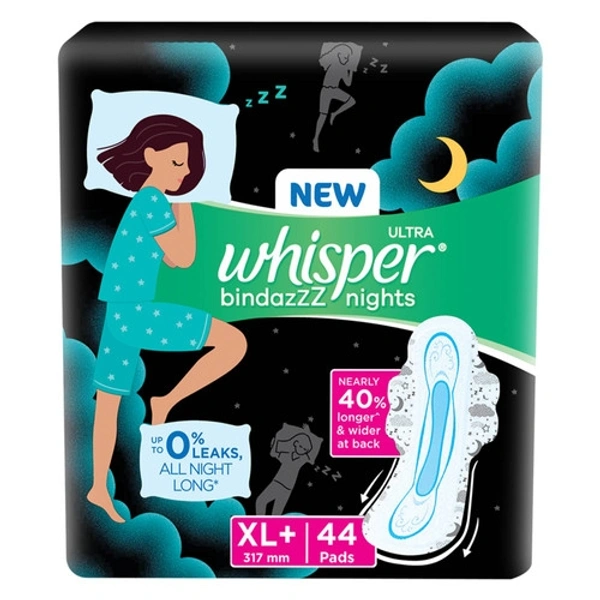 Whisper  Ultra Whisper Bindazzz Night UP To 0% Leaks All Night Long XL - 44 Units